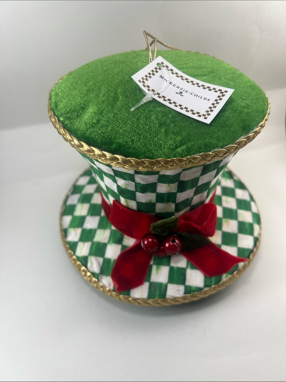 MacKenzie-Childs Green Checker Holiday Top Hat Ornament with Red Bow